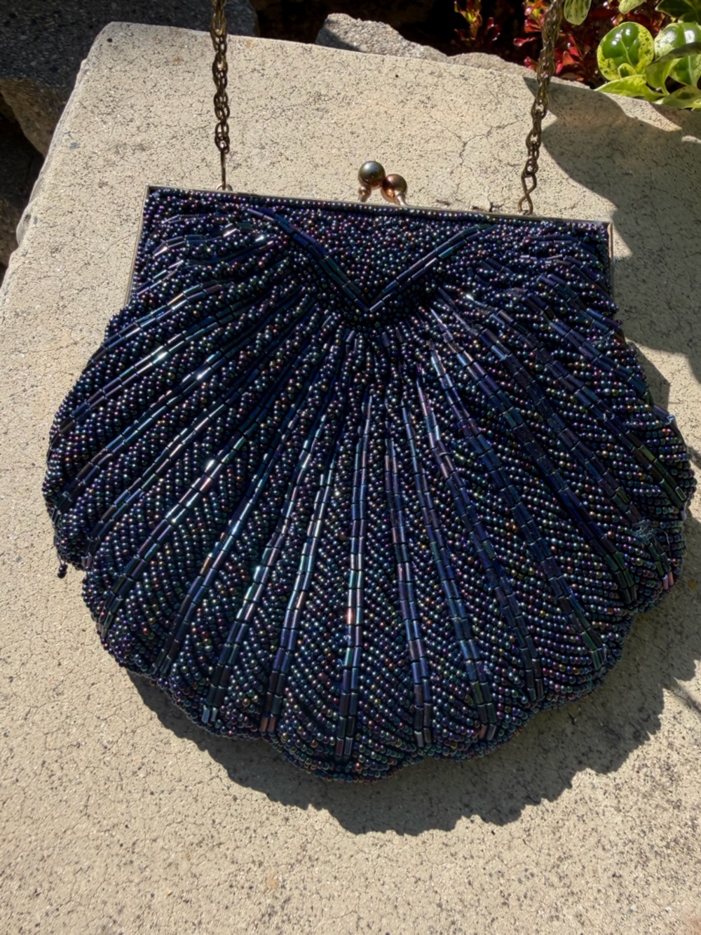 Vintage, Wolberg Beaded Shell Clutch Bag in Iridescent Navy